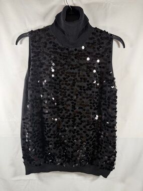 Black Sequin Turtleneck Sleeveless Tank Top